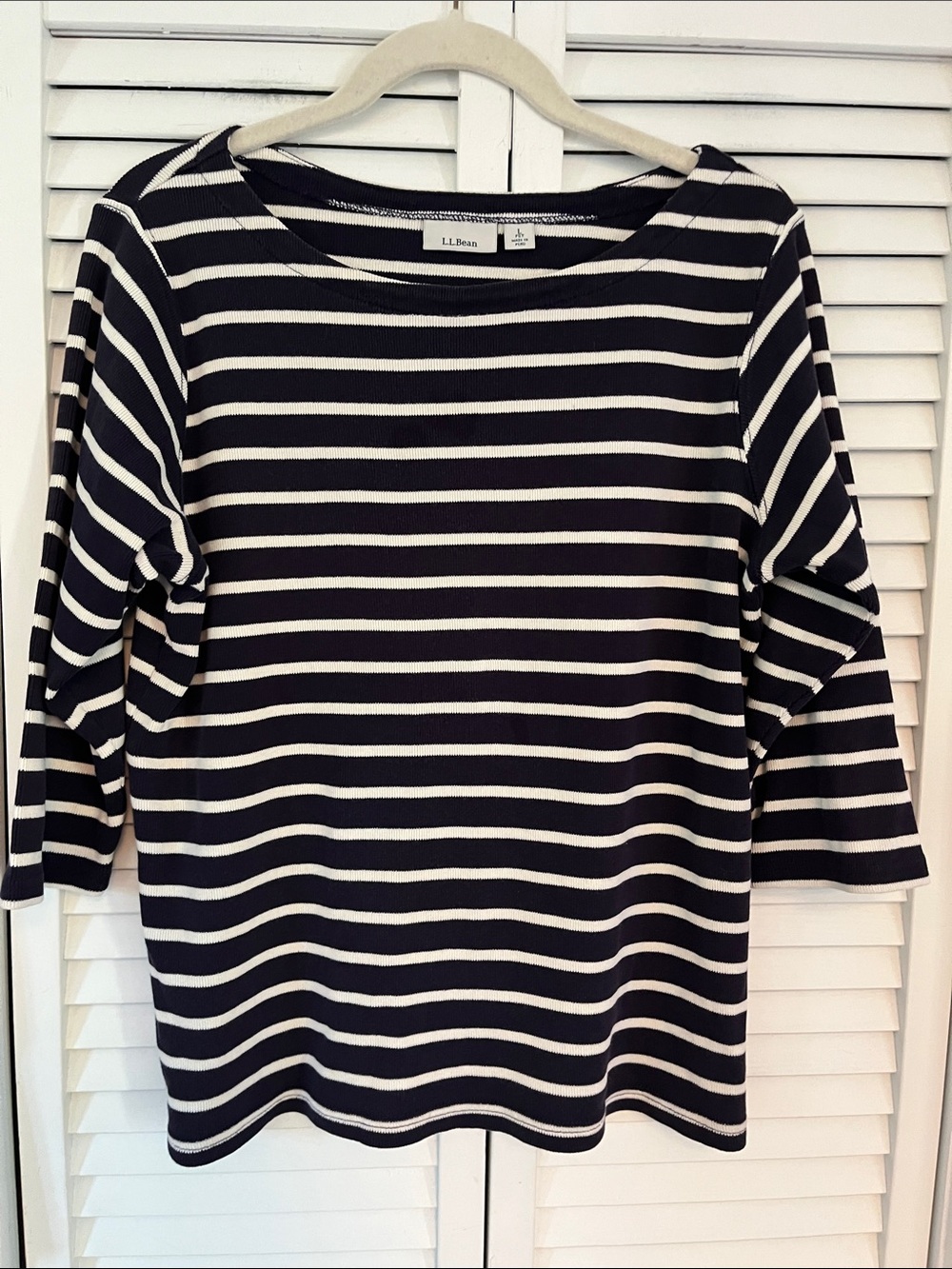 LL Bean Striped 3/4 Sleeve Top Sz Petite Large Navy and White